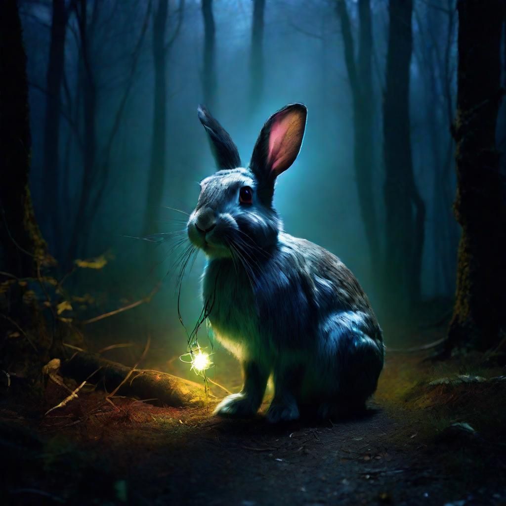 Mysterious Rabbit in Misty Forest: Surrealist Art
