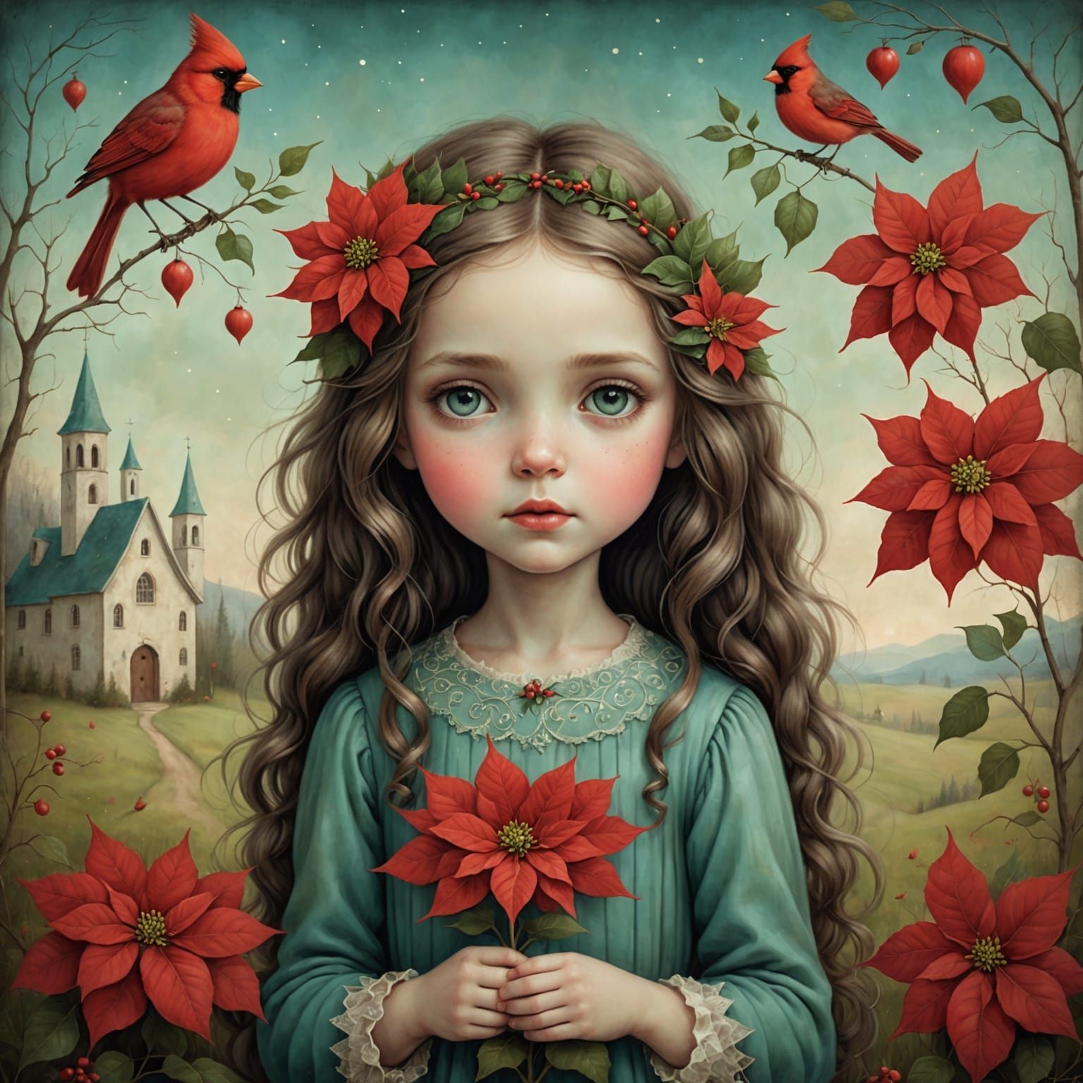 Whimsical Girl with Poinsettia in Dreamy Surreal Style