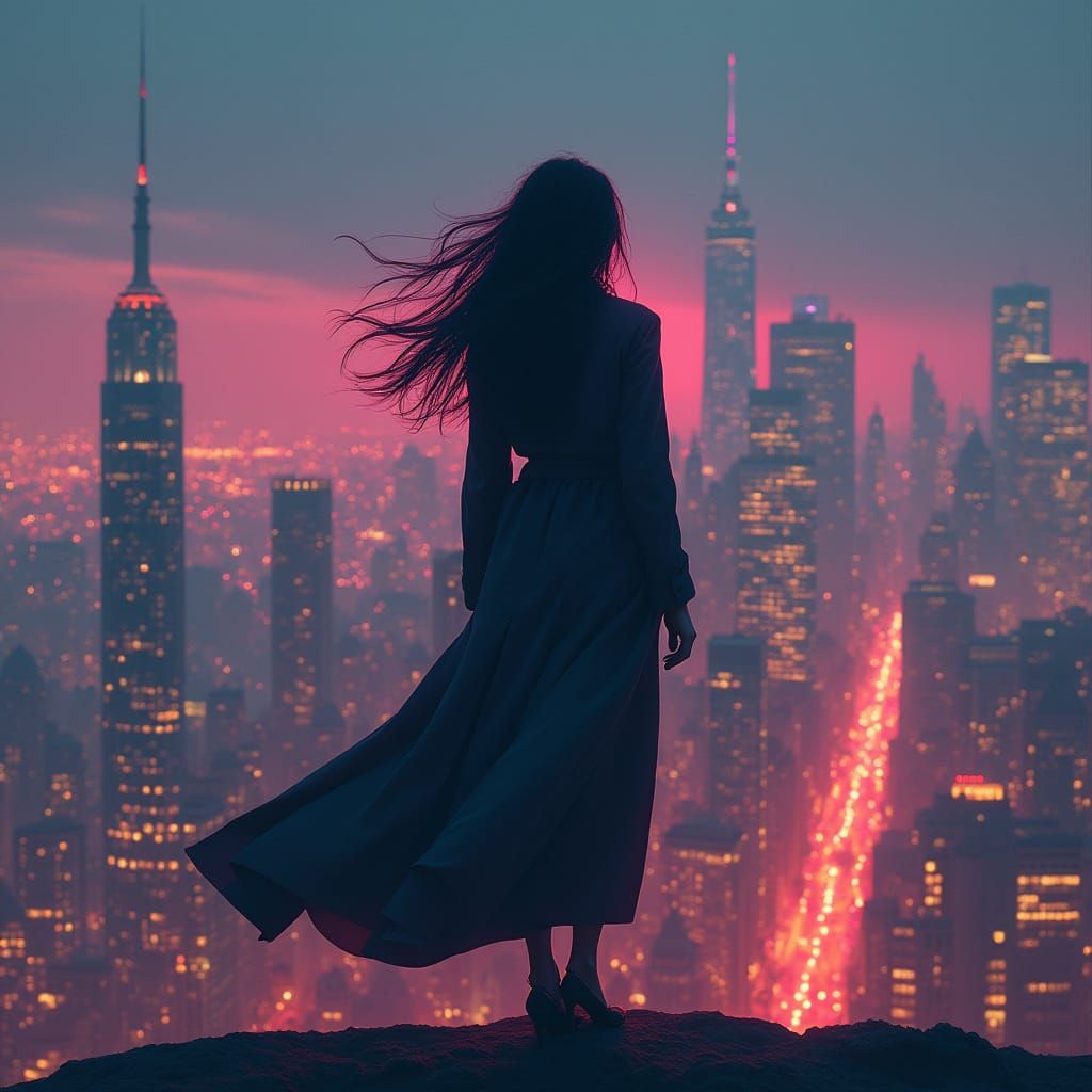 Woman's Silhouette Before Glowing Cityscape, Digital Art