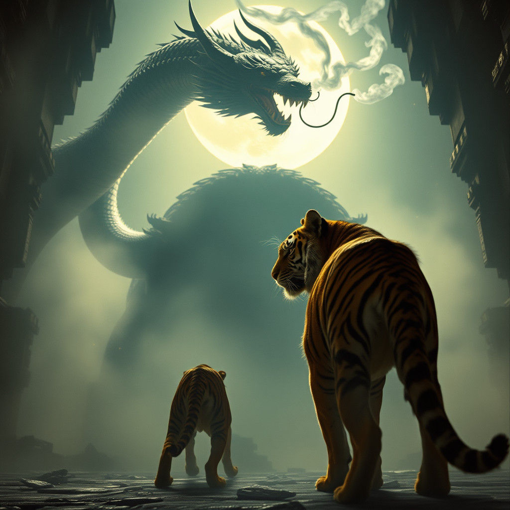 Tiger and Dragon Clash in Ancient Temple