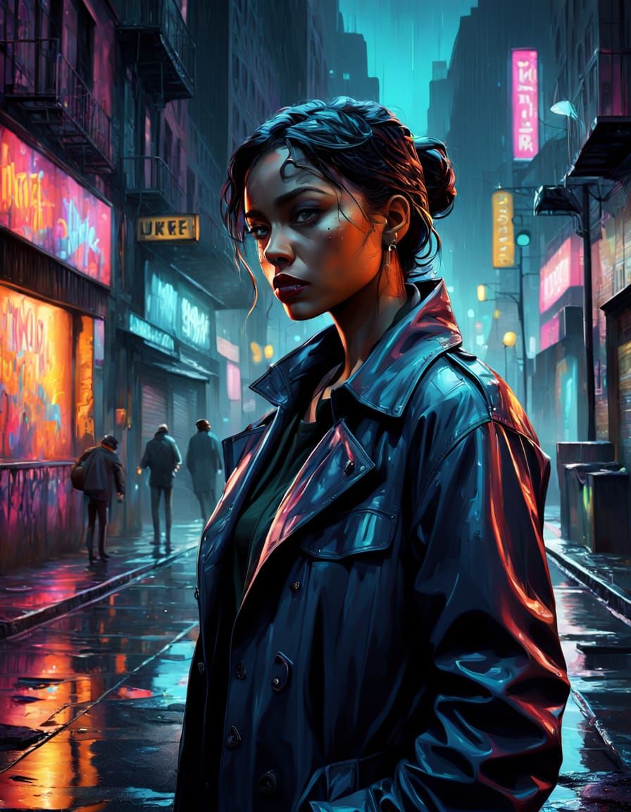 Neon Noir Cityscape with a Gritty Female Detective