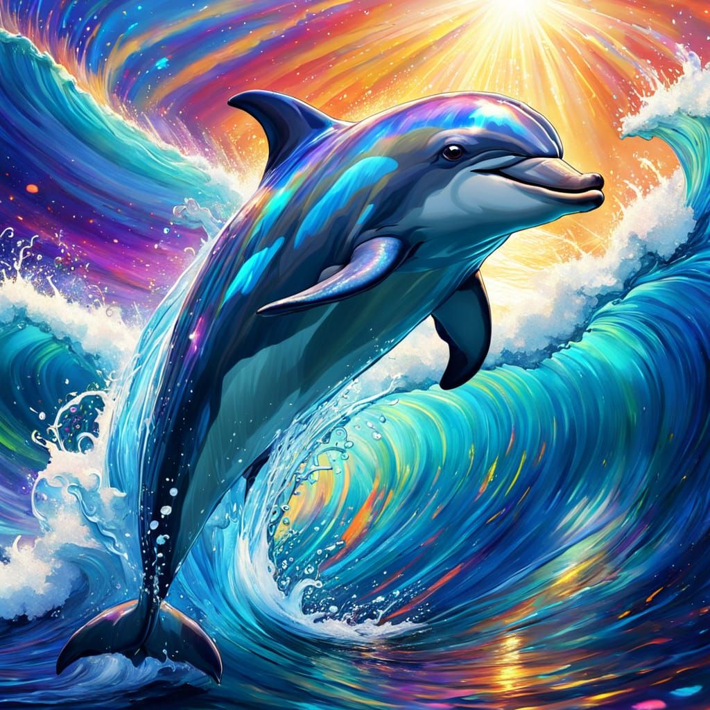 Iridescent Dolphin Leaps in Holographic Astral Painting