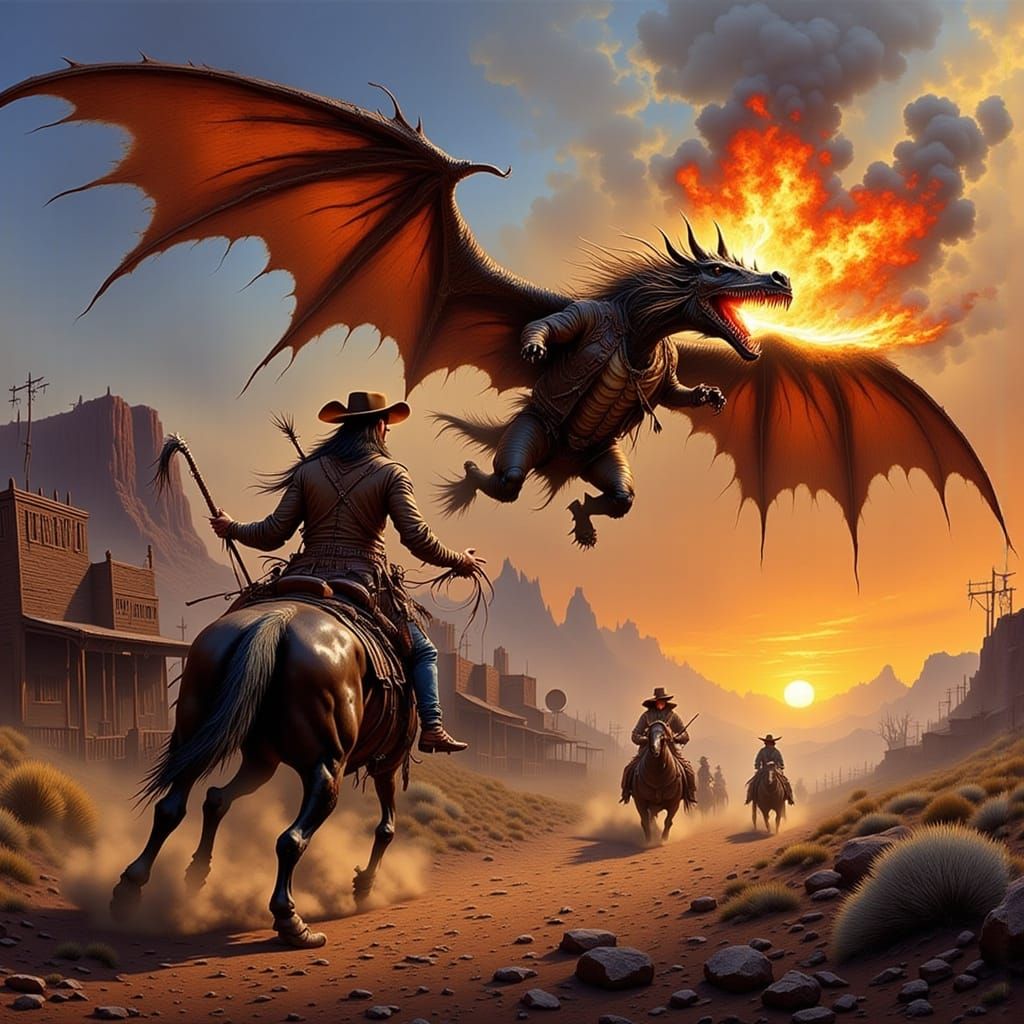 Dragon Burns Old West Town in Fantasy Style