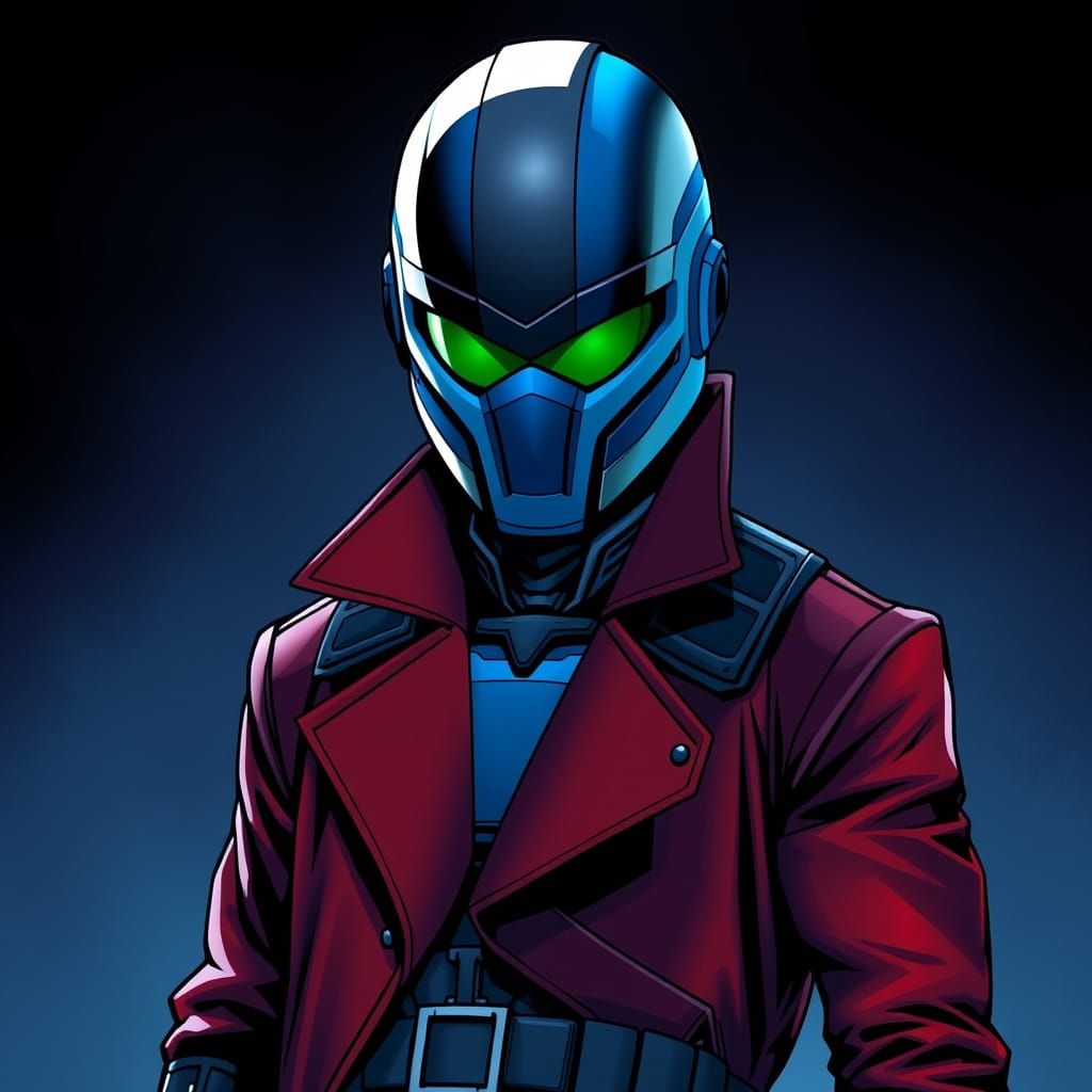Young Figure in Dark Red Sci-Fi Coat and Blue Armor Wears St...