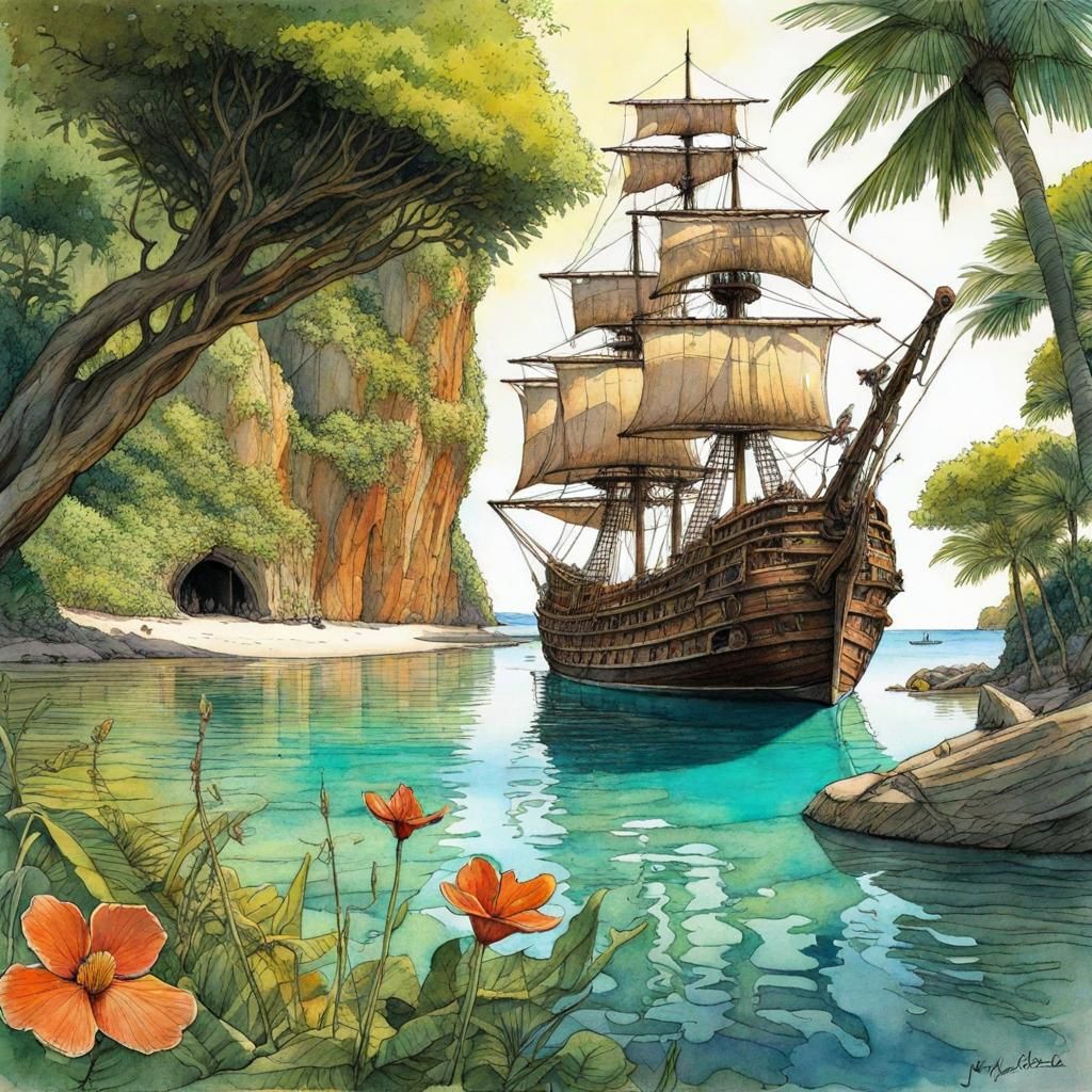 Pirate Ship Anchored in Tropical Flowery Cove