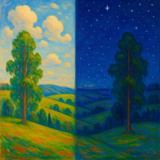 Day and Night Landscape in Vibrant Dreamy Style