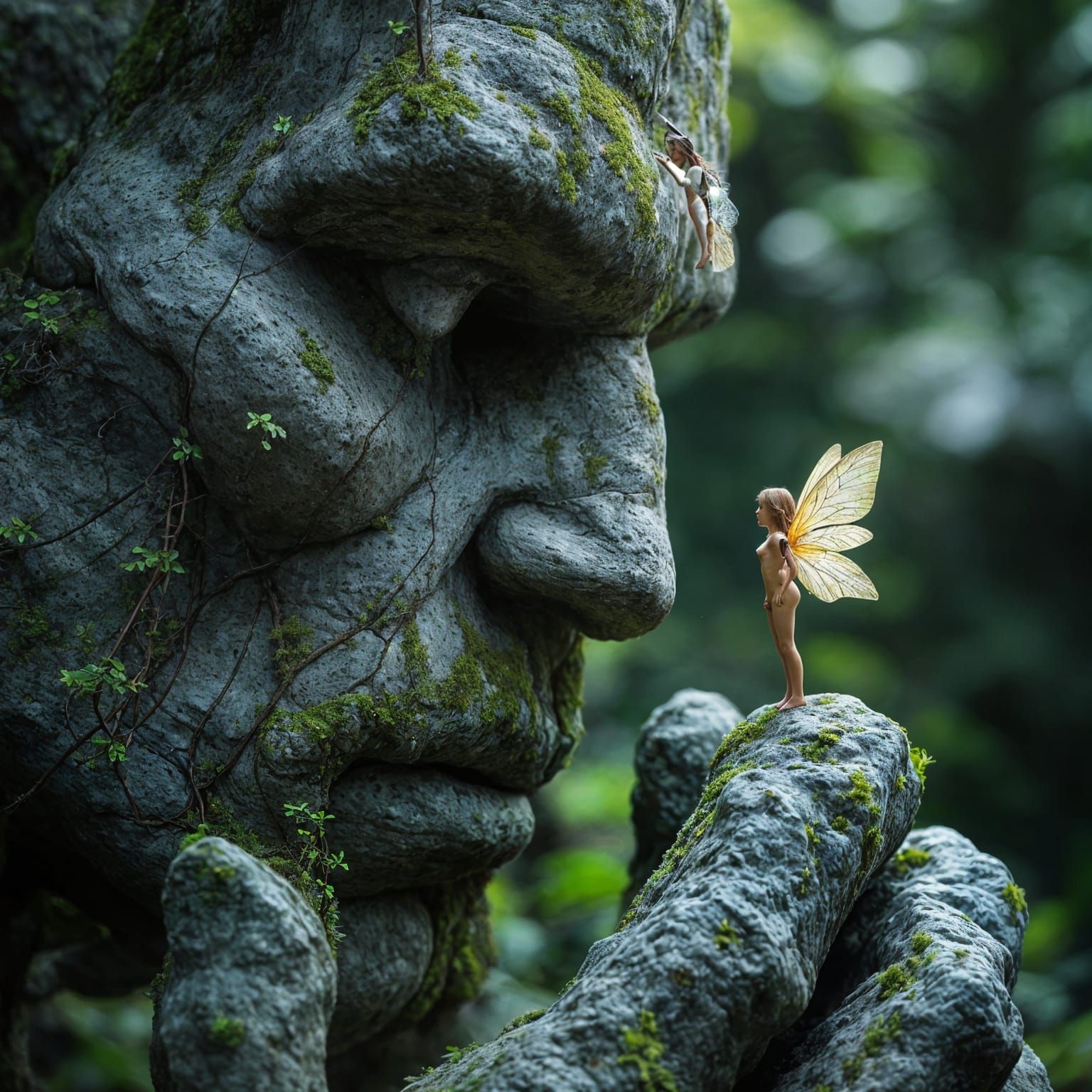 Ancient Granite Giant and Fairy in Fantastical Realism