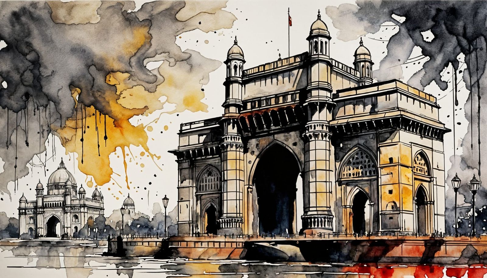 Gateway of India: Abstract Watercolor and Ink Painting