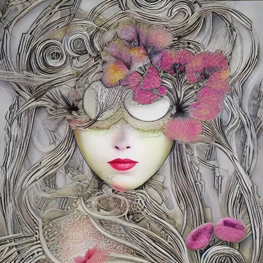 Surreal Woman Beauty with Blossoms and Fractals