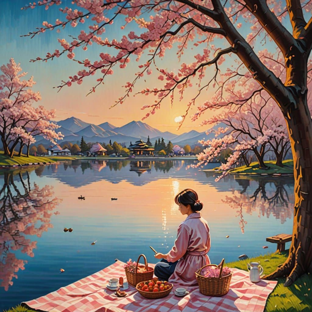 Cherry Blossom Picnic: Impressionistic Oil Painting