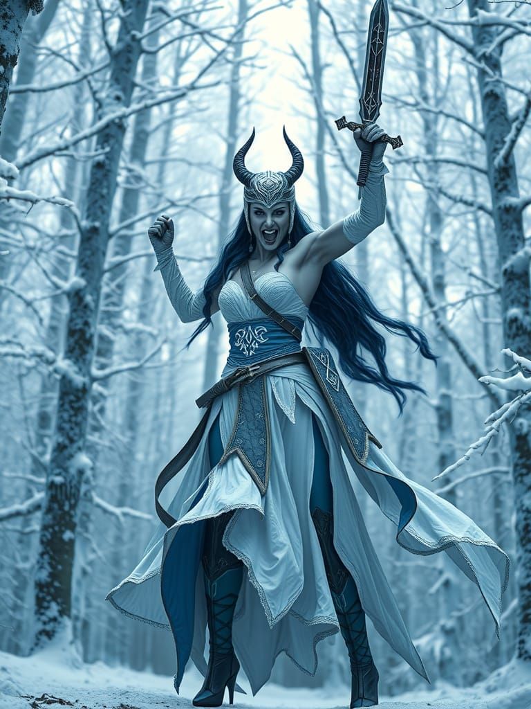 Victorious Sindel in Winter Forest, Hyperrealistic Image