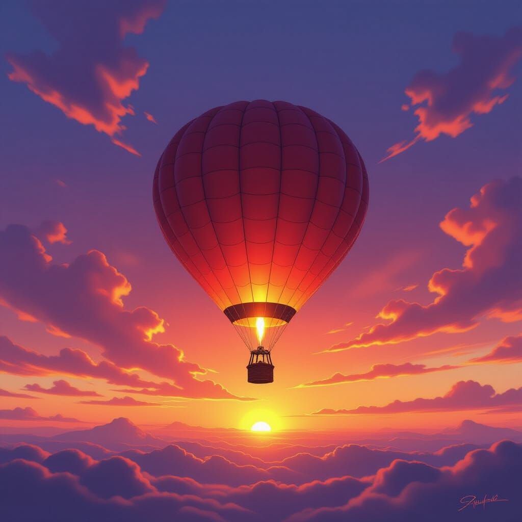 Anvil Hot Air Balloon Ascends into Vibrant Sunset Sky