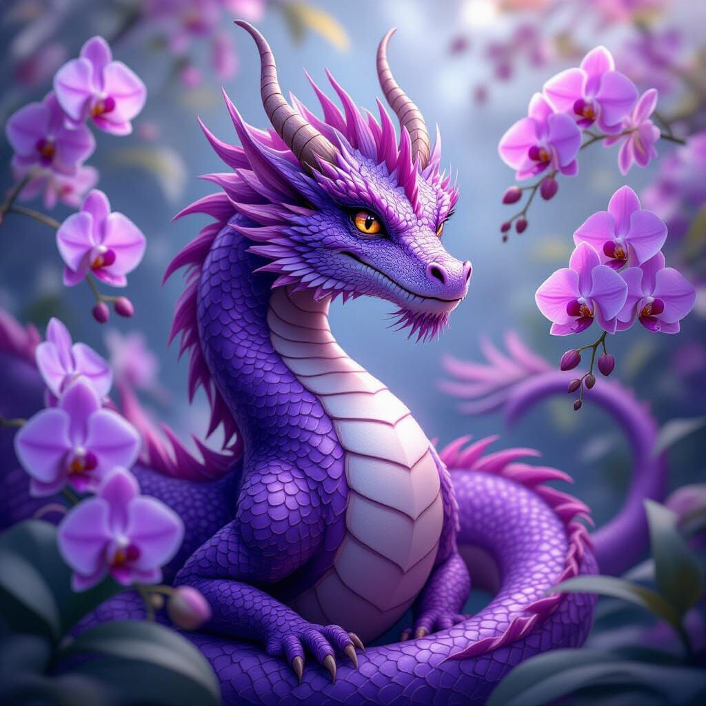 Magnificent Purple Dragon with Orchids
