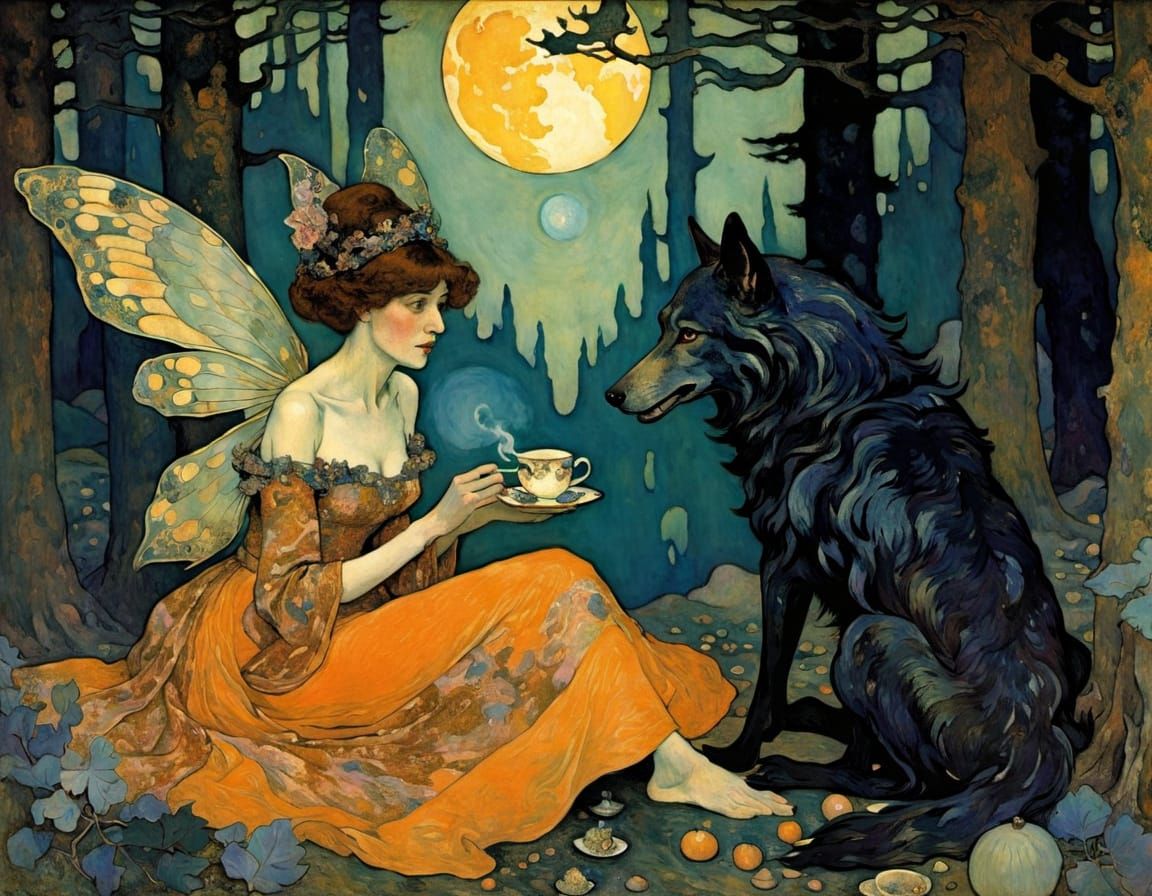 Fairy Queen and Wolf Tea Party in Forest Night