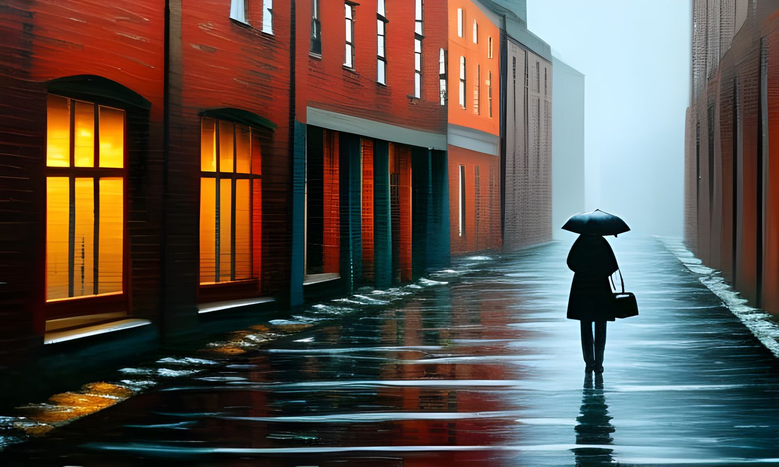 Lonely Woman in Rainy Alleyway: Oil Painting