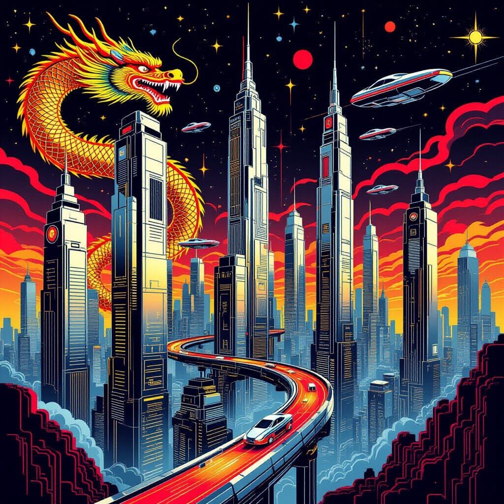 Futuristic Metropolis with Gold Dragons in Synthwave Style