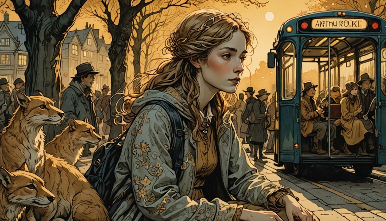 Whimsical Fantasy: Woman at Bus Stop