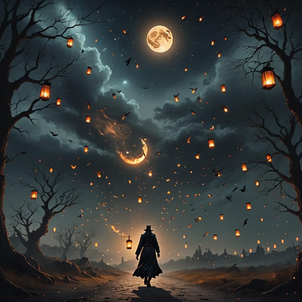 Night Walker with Lantern Under Sprite-Filled Sky