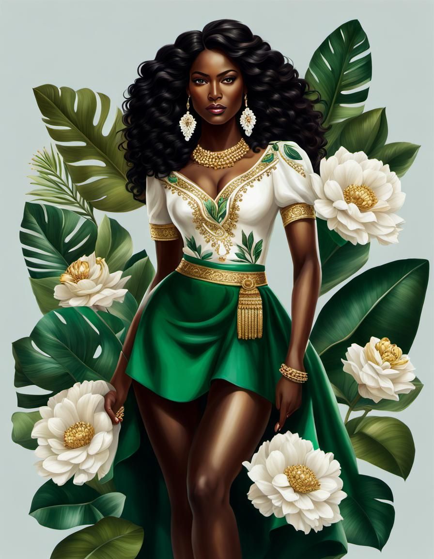 Colombian Heroine with Emerald Skirt in Hyperrealism