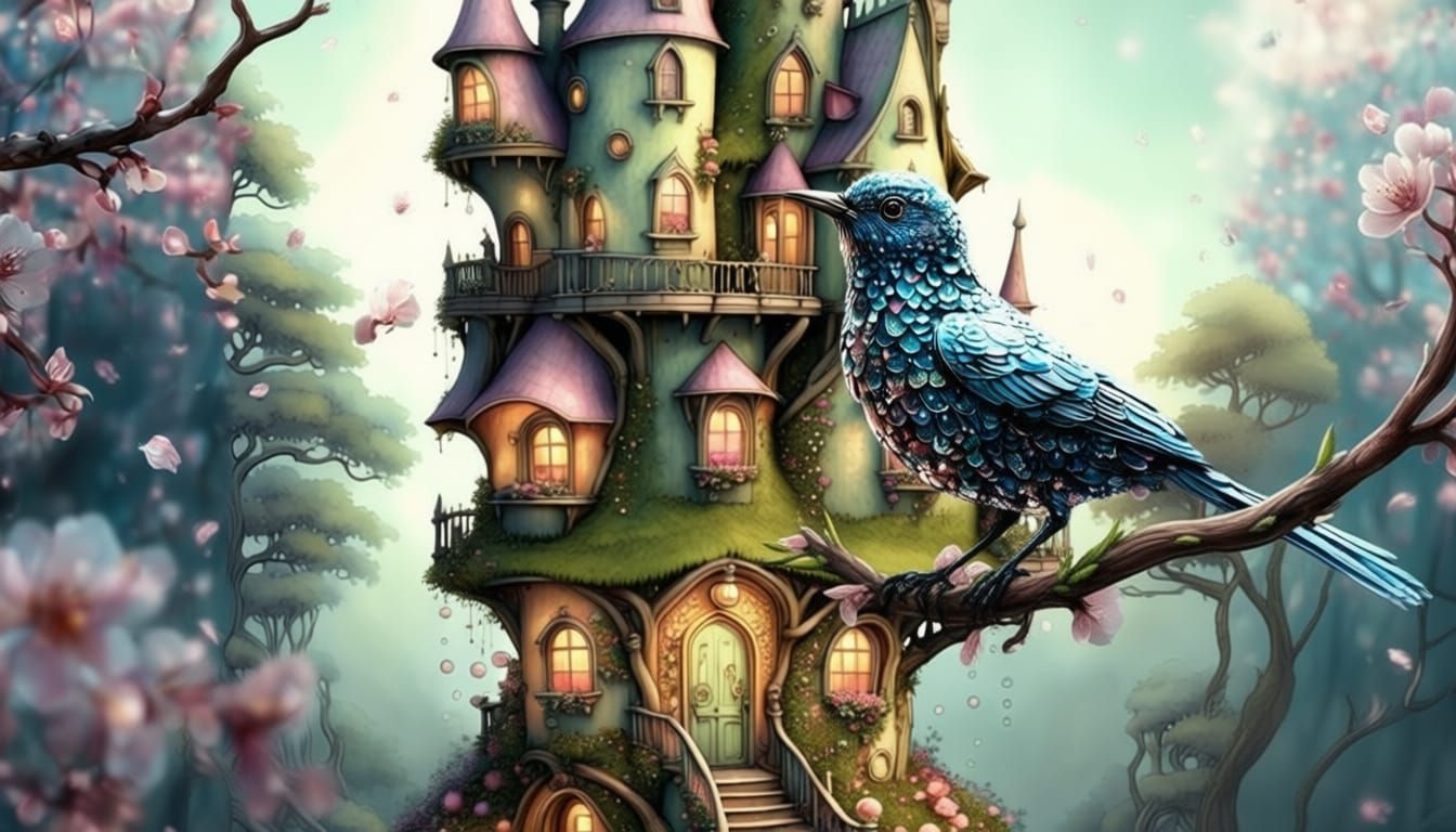 Little Bird on Fairytale House Branch