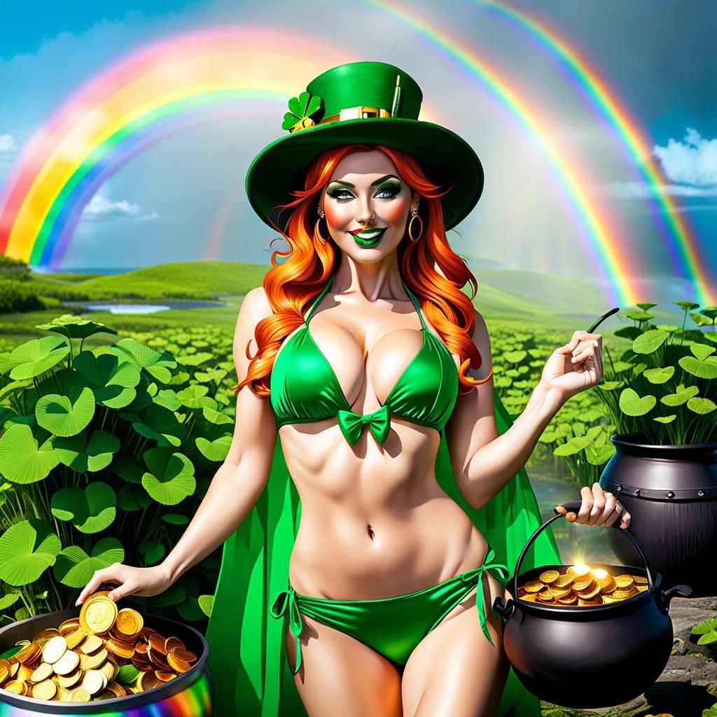 Leprechaun Woman with Pot of Gold and Rainbow