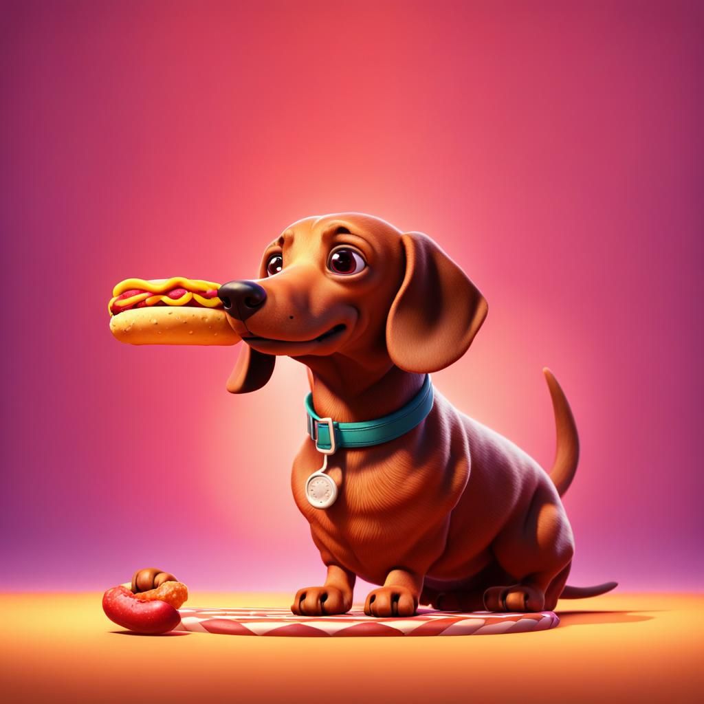 Dachshund Enjoying a Hot Dog: Pixar-Style 3D Art