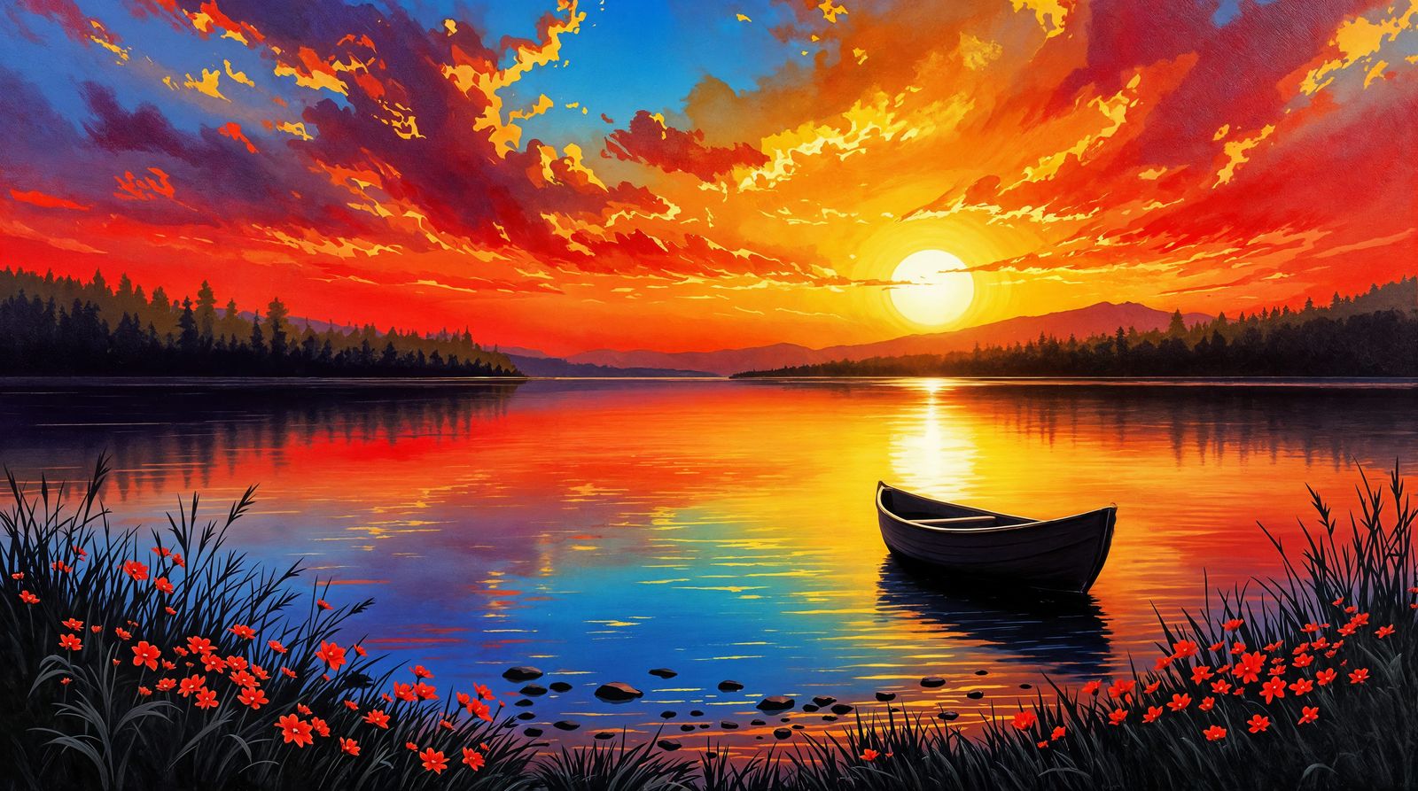 Impressionistic Sunset on Tranquil Lake with Rowboat and Wil...