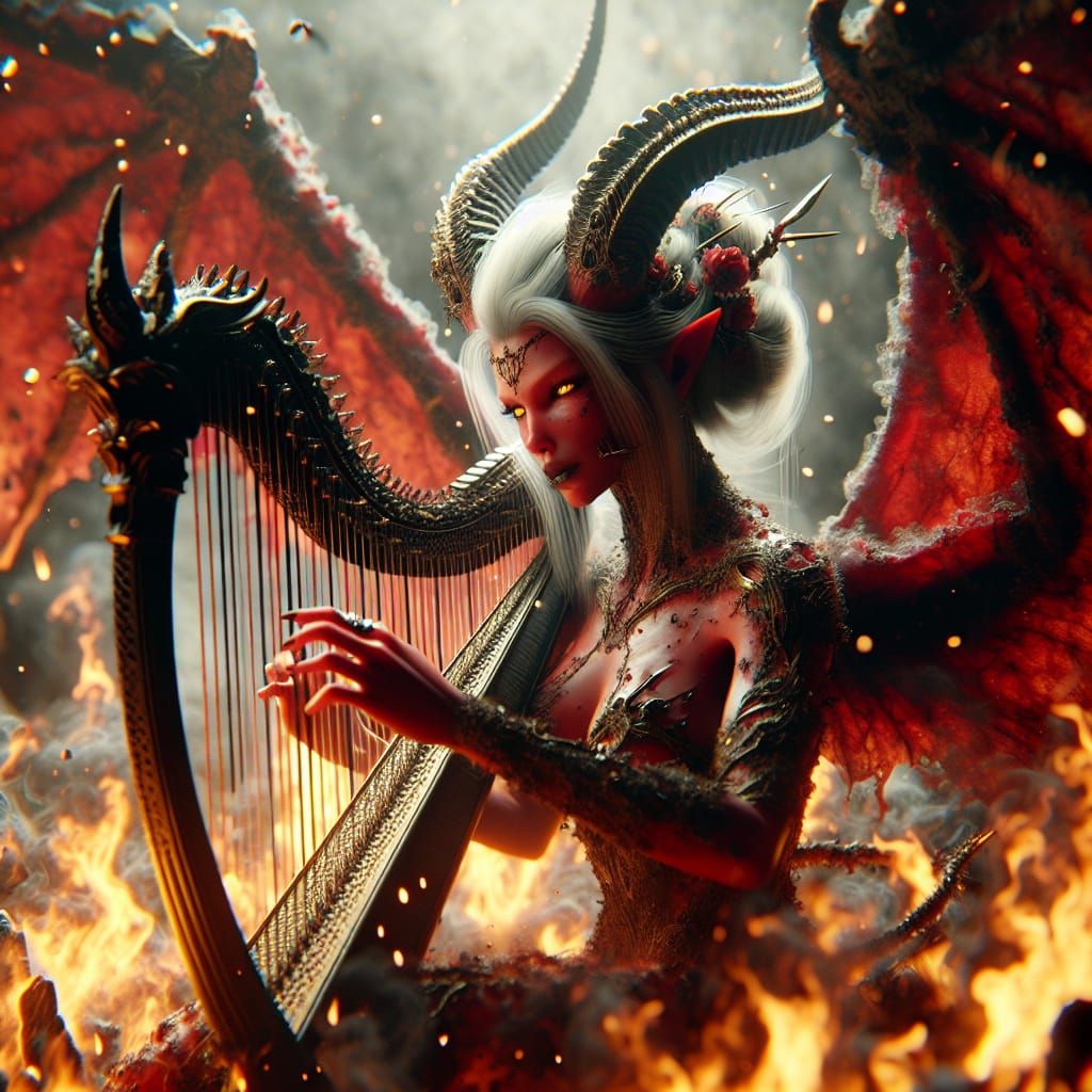Female Demon Plays Harp in Fiery Inferno