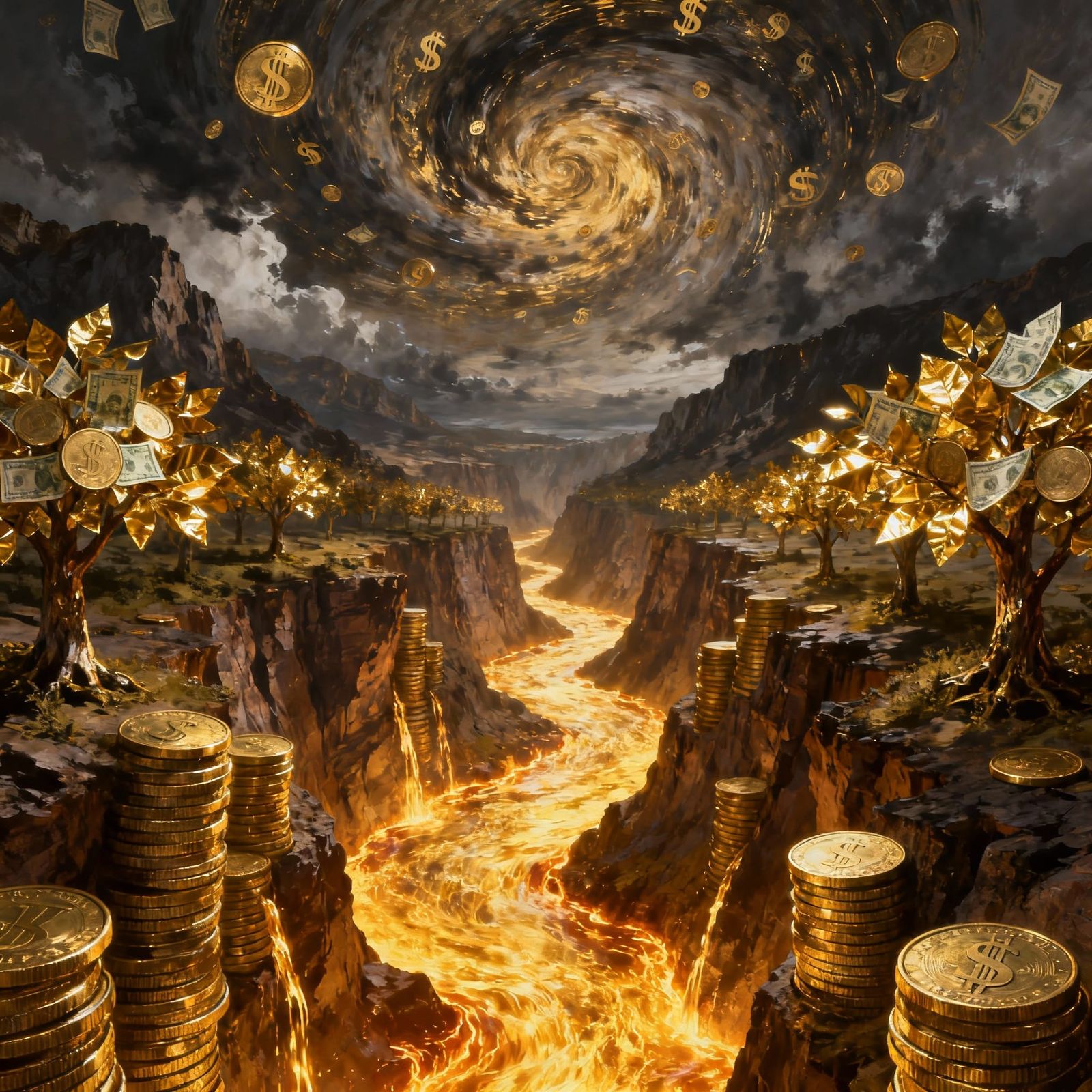 Surreal Gold Rivers Flowing Through Coin Canyons
