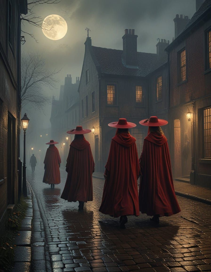 Moonlit Women in Crimson, Eerie Medieval Street Scene