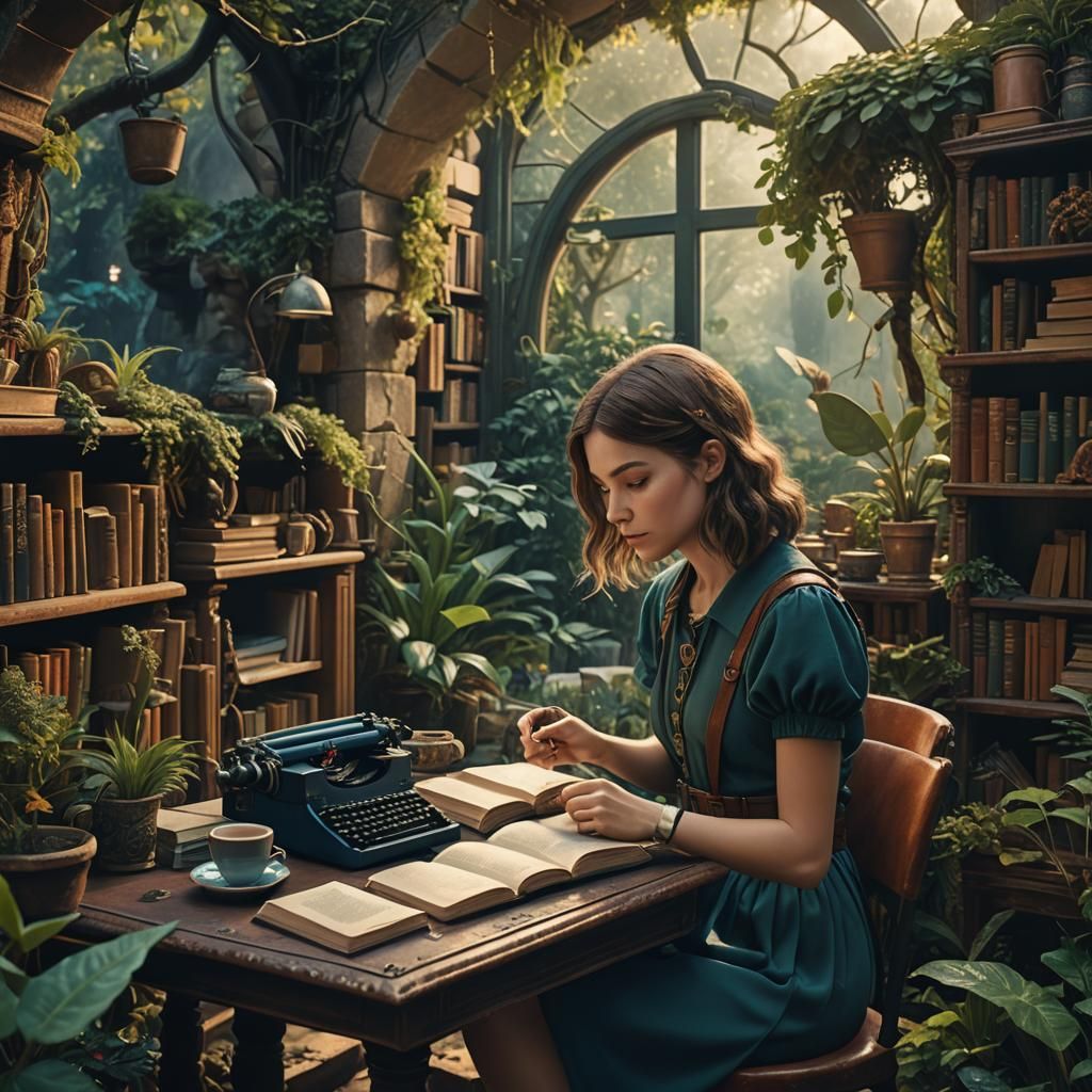 Girl Reading in Fantasy Garden, Matte Painting