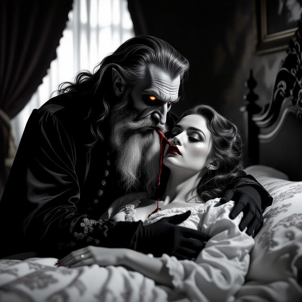 Ancient Vampire Feeds on Young Woman in B&W Horror Photo