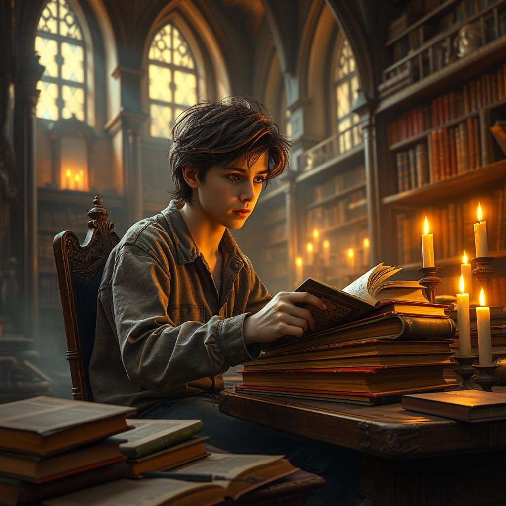 Teenage Boy Studies in Enchanted Library