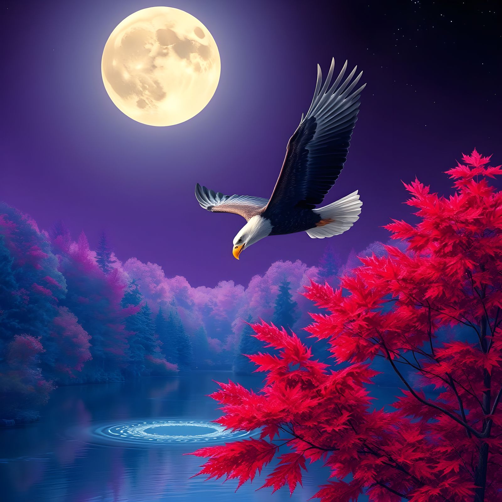 Bald Eagle Flight in Synthwave Maple Forest