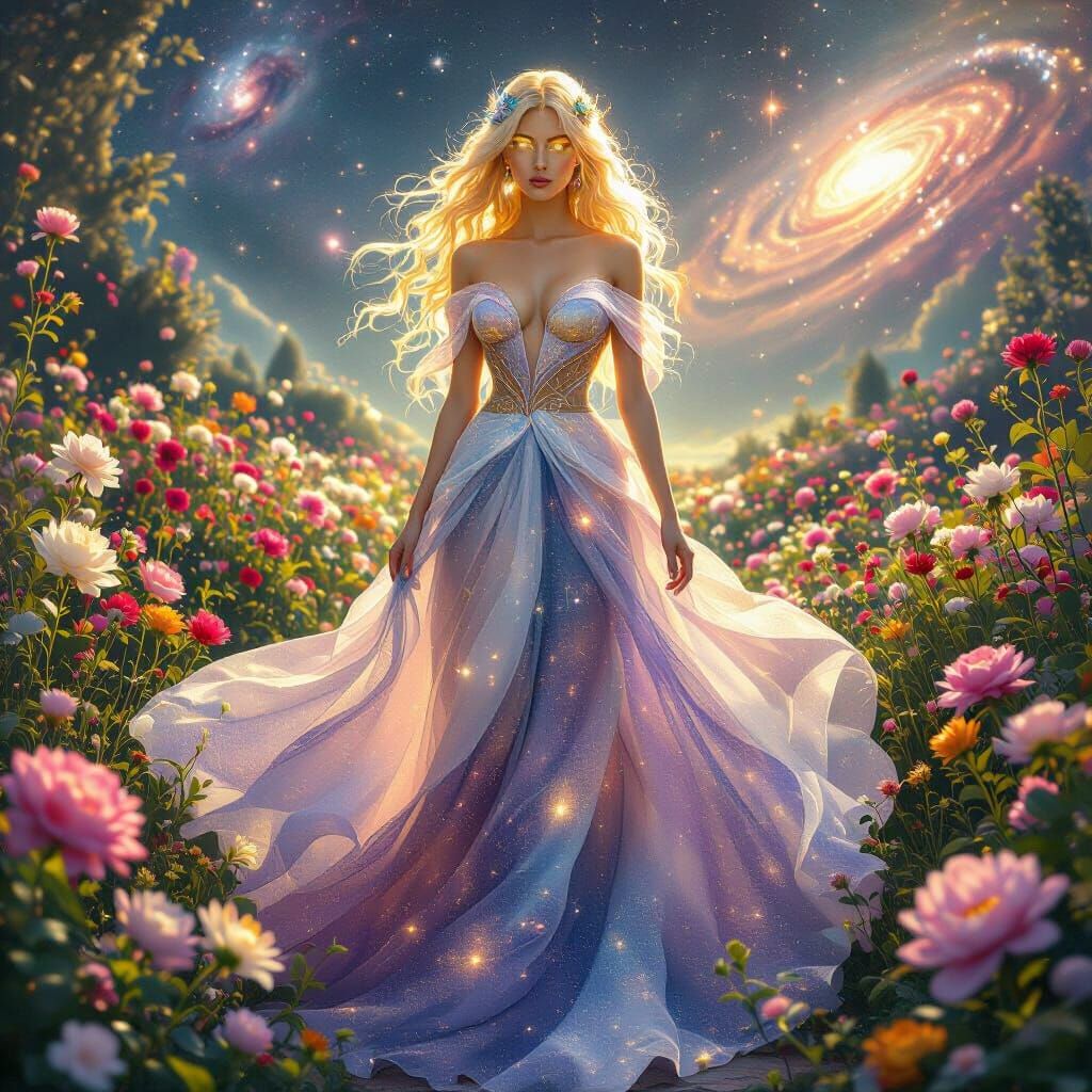 Ethereal Goddess in Cosmic Garden, Surreal Digital Art