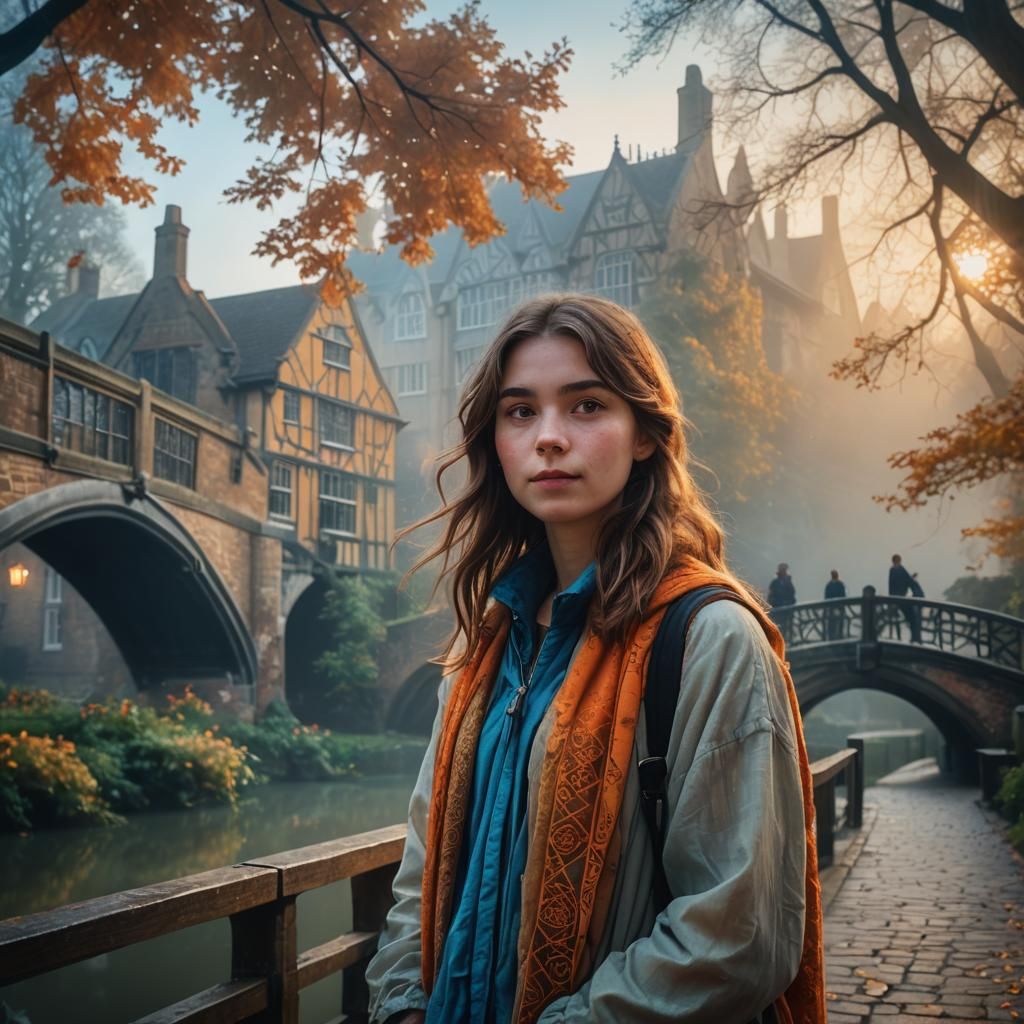 Student in Misty Cambridge: Fantastical Concept Art