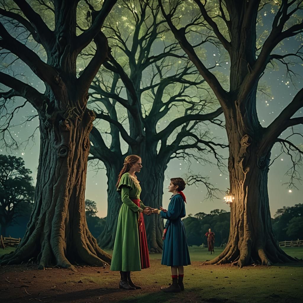 Woman and Elf Chat Under Starlight: Cinematic Film Still
