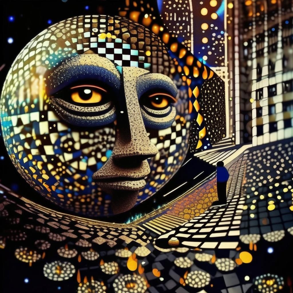 Cybernetic Head in Cubist Cityscape, Art Deco Style