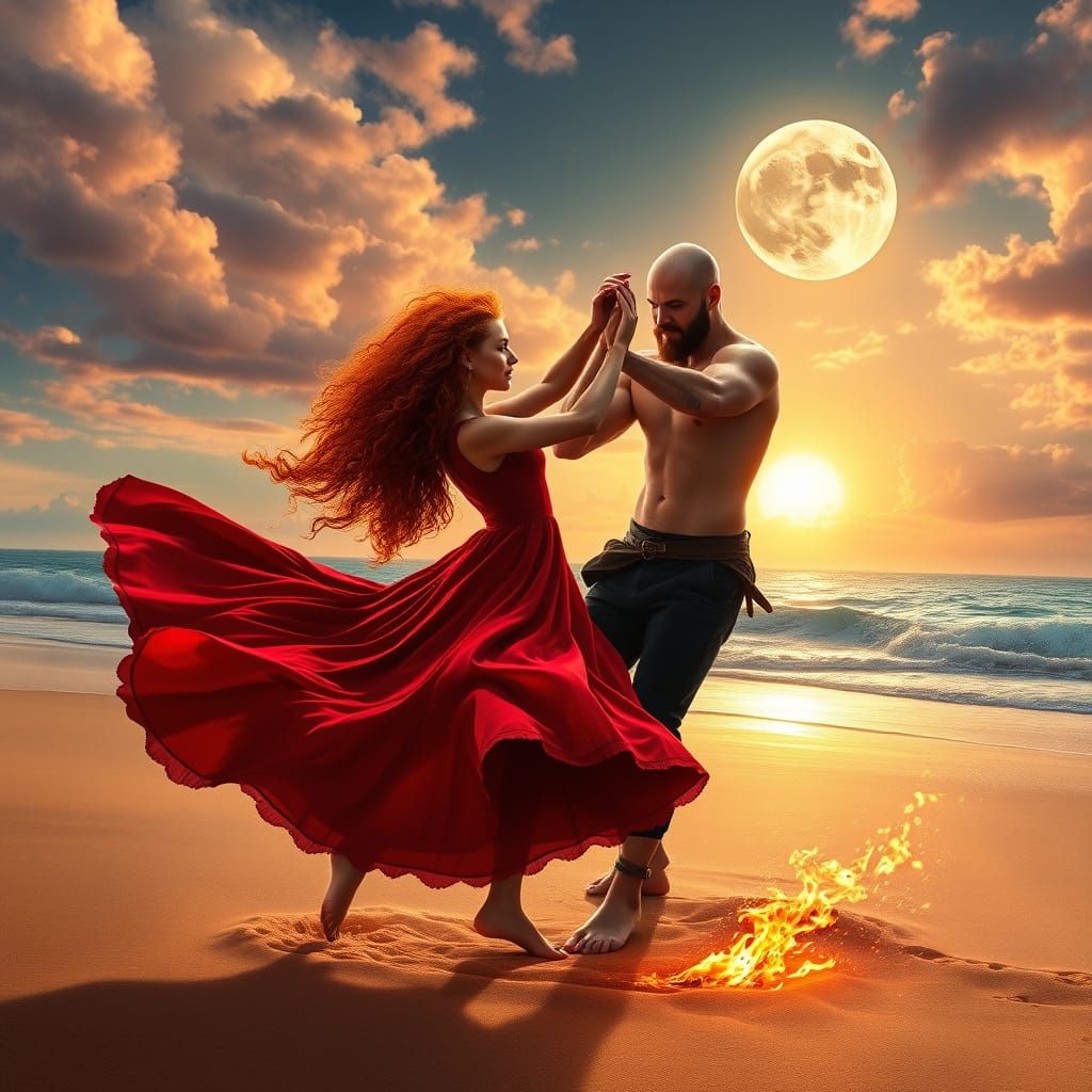 Electric Harmony: Redhead and Rugged Partner Dance Under Cel...