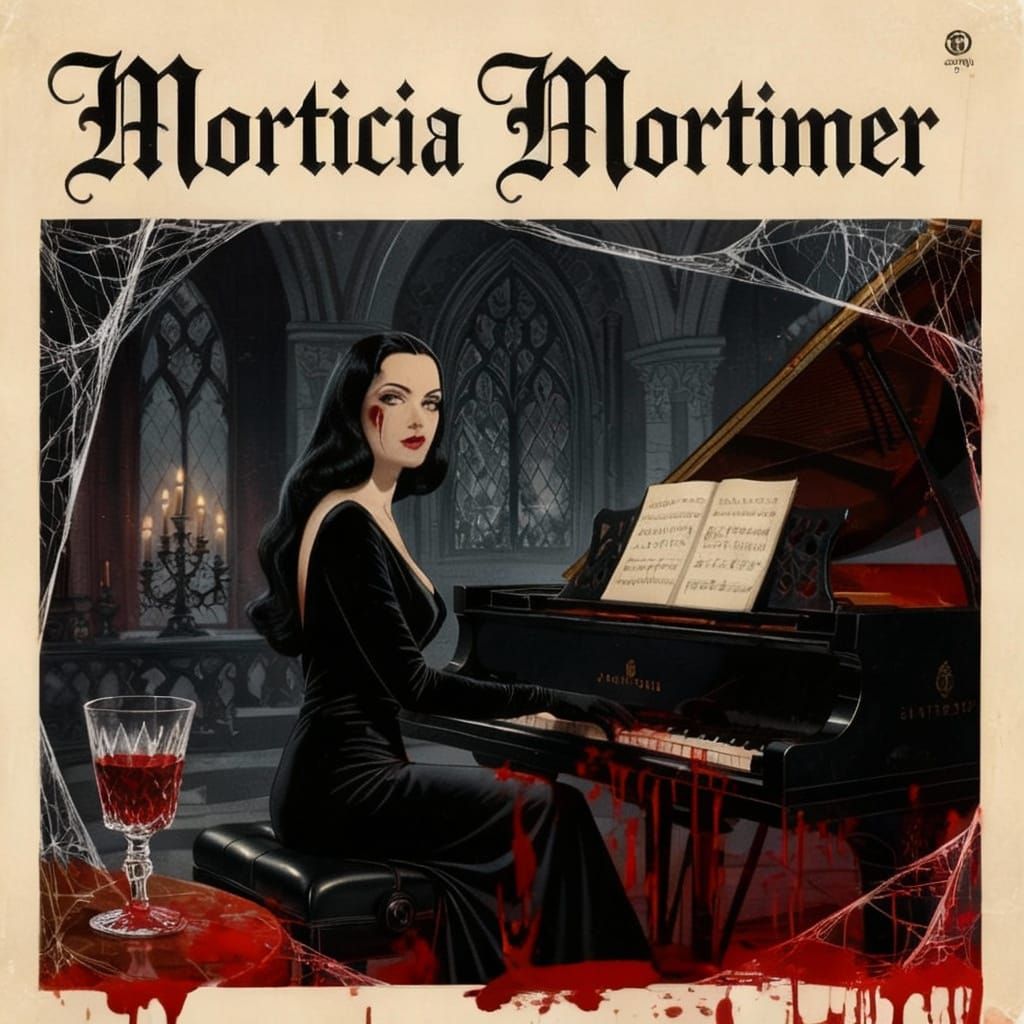 1950s Gothic Woman with Blood Goblet in Mansion