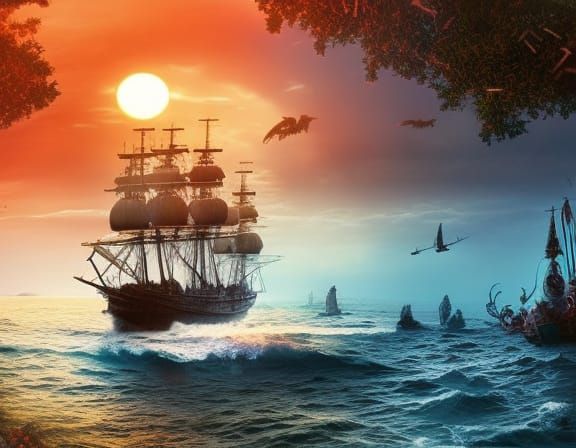 Pirate Ships at Sunset: Epic Digital Matte Painting