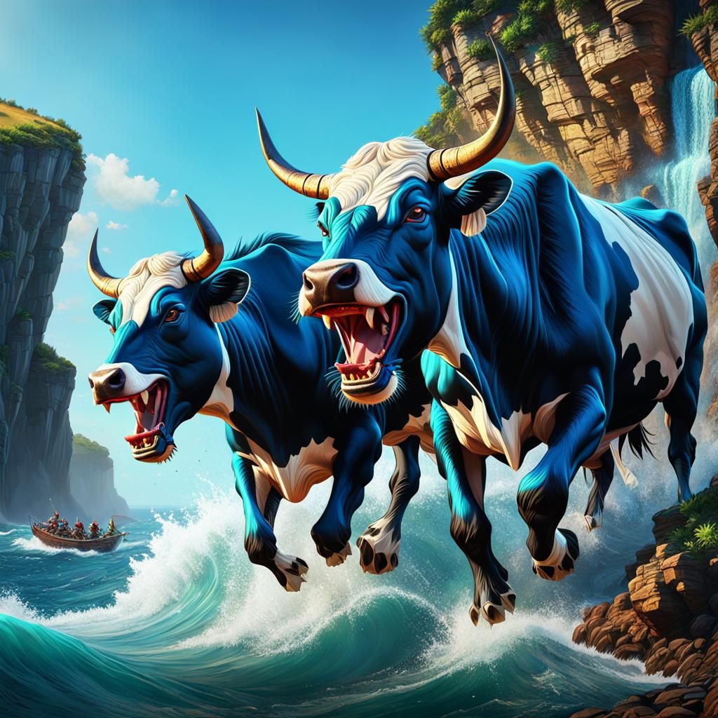 Hyperrealistic Toothy Cows on Cliff in Fantasy Art