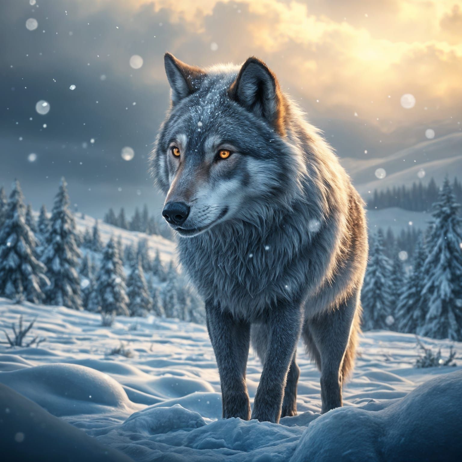 Winter Wolf in Snowy Landscape with Magical Aura