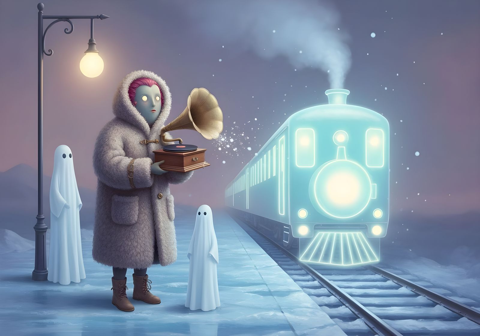 Spectral Winter Train Journey in Dreamlike Surrealism