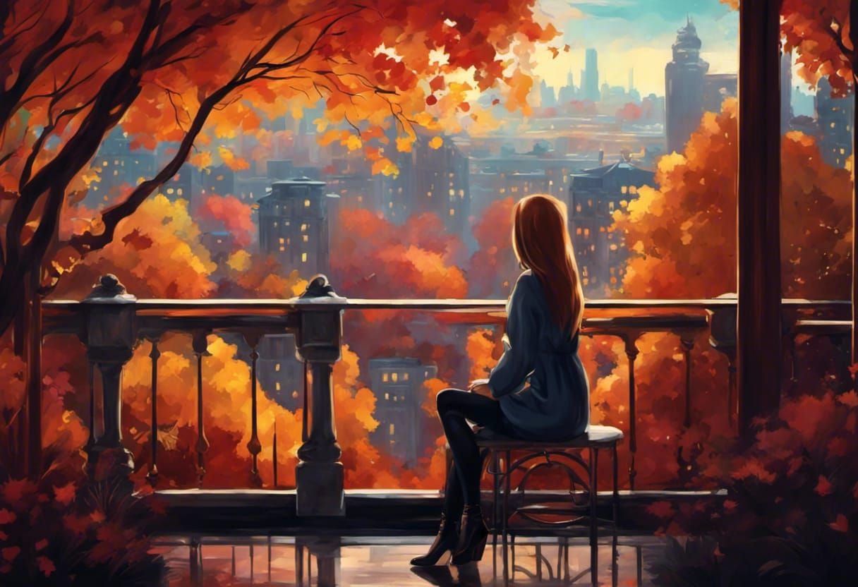 Girl on Balcony Overlooking Autumn Park, Cartoon Art