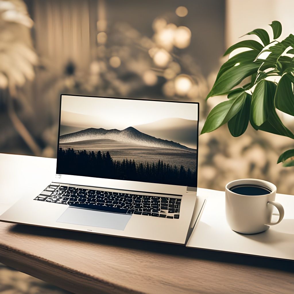 Vintage Sepia Laptop Scene with Coffee and Plant