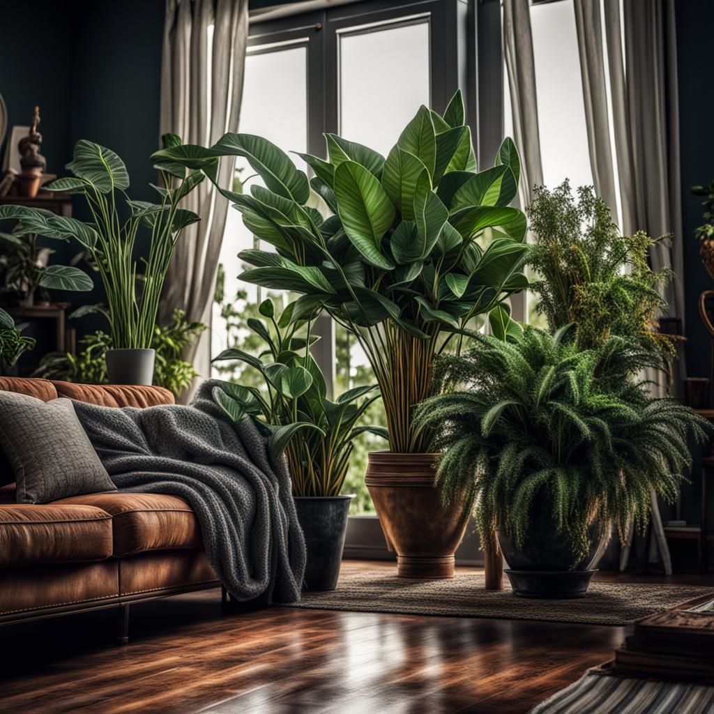 Hyperrealistic Furious House Plants in Living Room