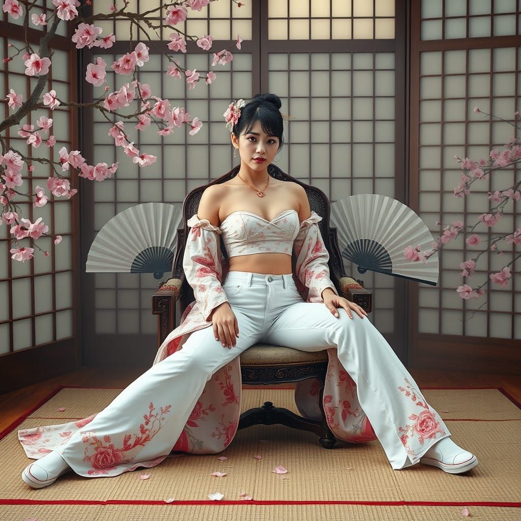 Geisha in Modern Attire with Cherry Blossoms