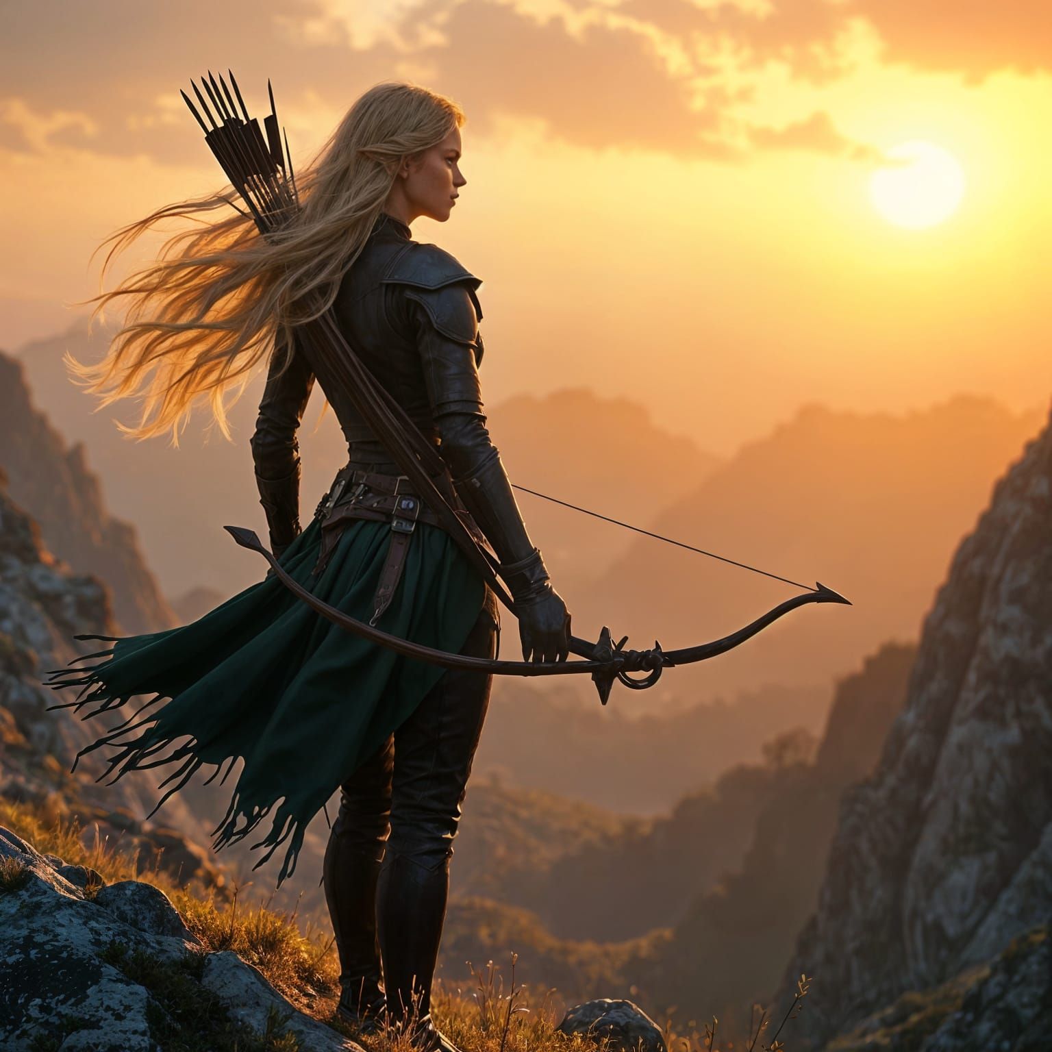 Elven Warrior at Sunset: Art Nouveau Style