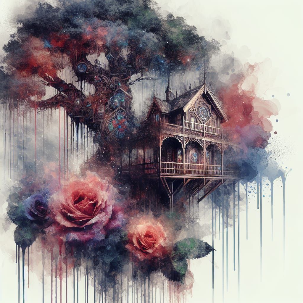 Dreamy Treehouse with Roses in Watercolor Style